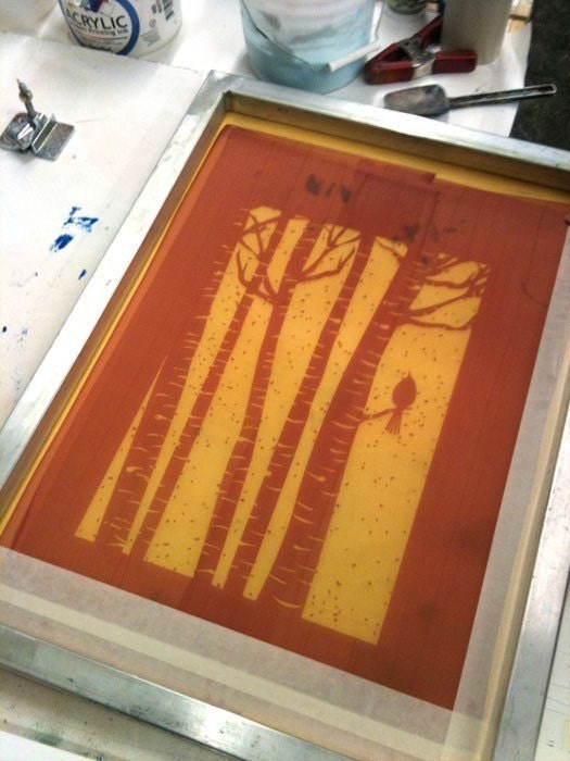 Screenprint Winter Cardinal Art Print - Poster Silkscreen Art Print - Snowy Birch Trees & Red Bird Art Print