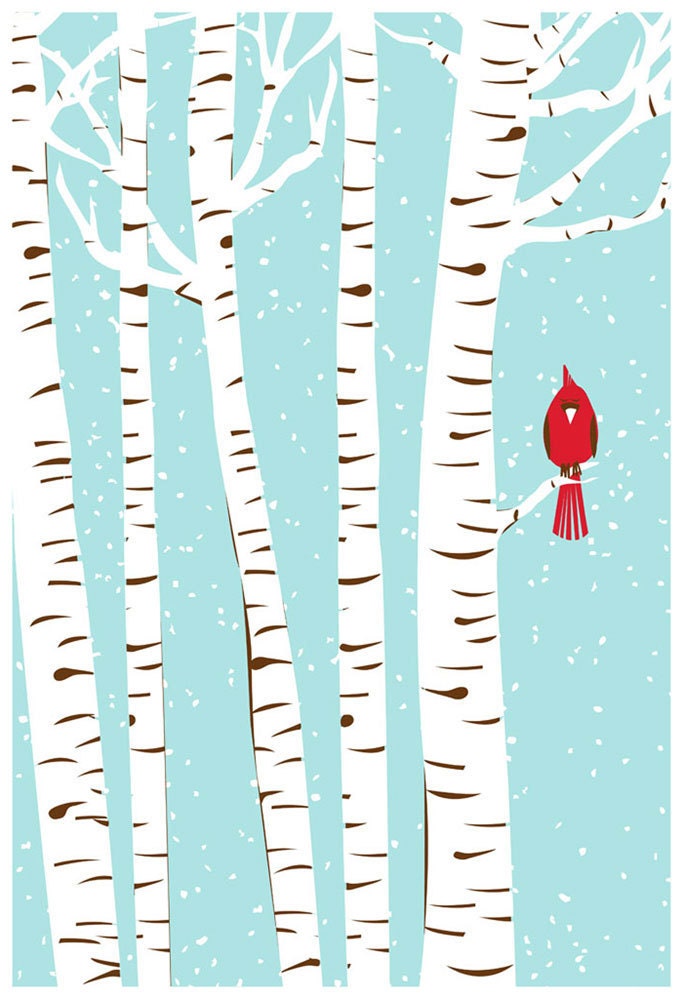 Screenprint Winter Cardinal Art Print - Poster Silkscreen Art Print - Snowy Birch Trees & Red Bird Art Print