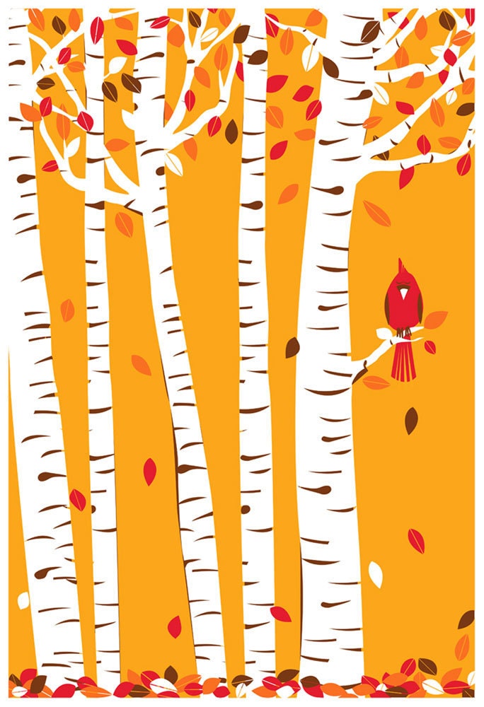 Screenprint Art Print Poster Autumn Cardinal - Fall Birch Trees with Leaves & Red Bird Art Print Poster