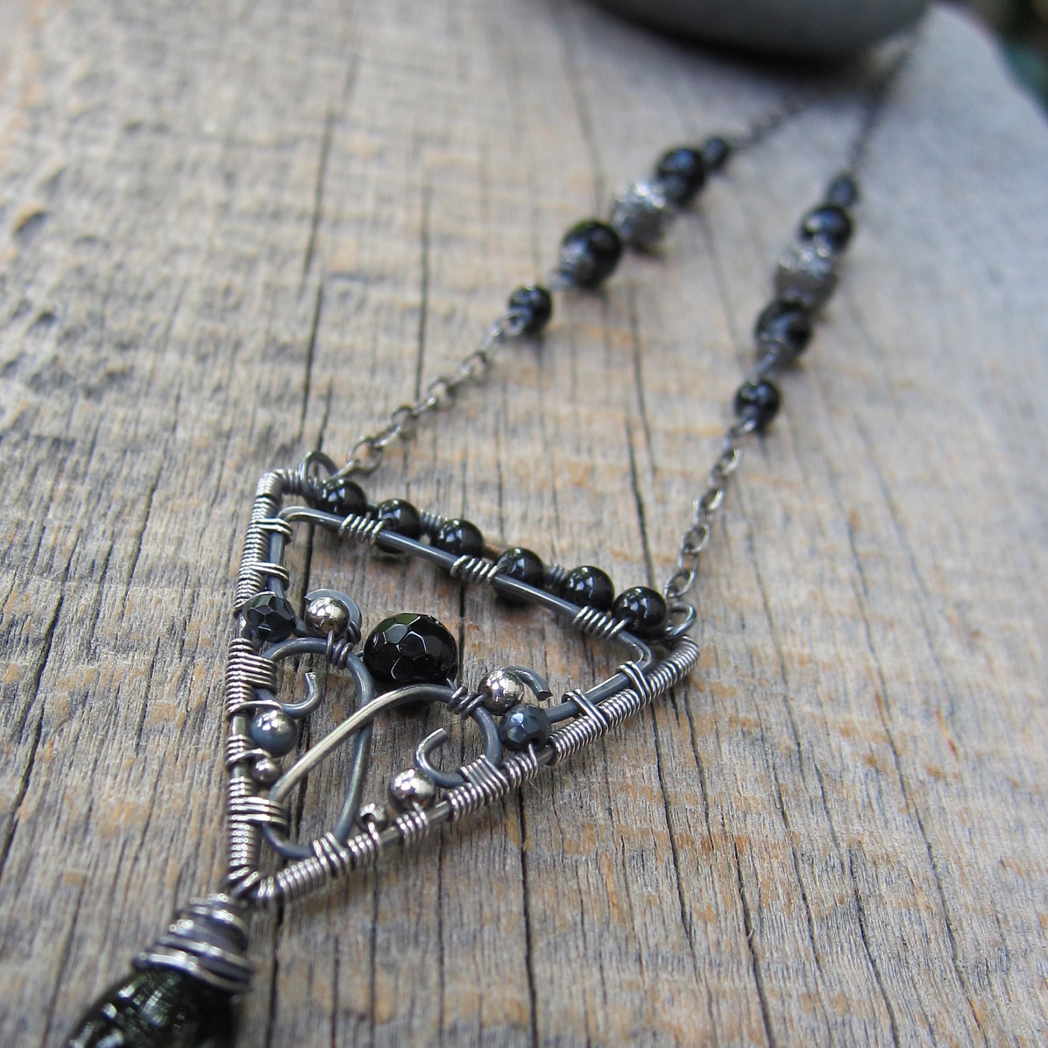 Carpe Noctum Necklace ... Wire Wrapped Arrow Pendant with Onyx and Black Spinel