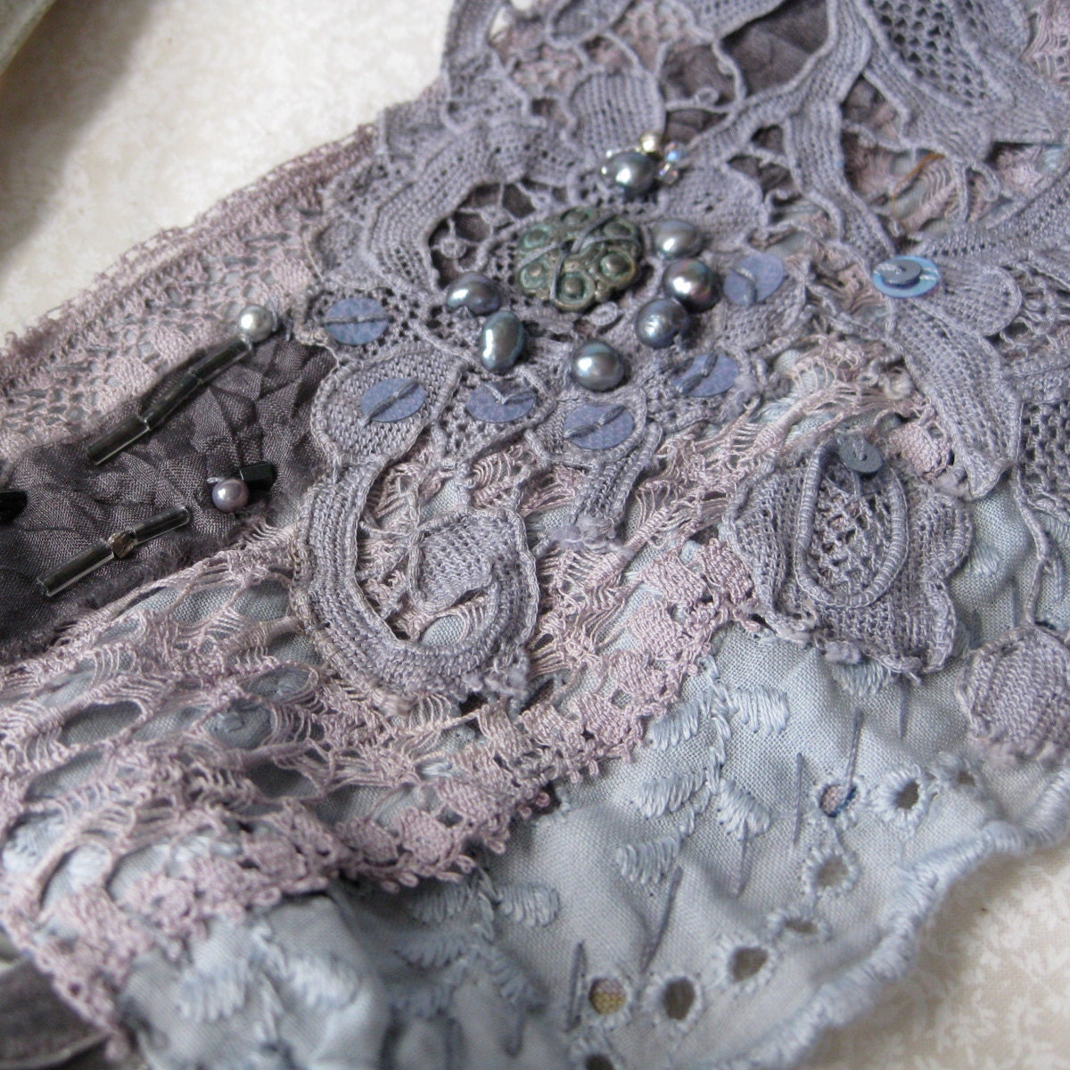 In Stitches n2. textile cuff - silk - soft rustic - romantic gypsy - fairy - lace medallion - hand dyed lace  - velvet  - pearls