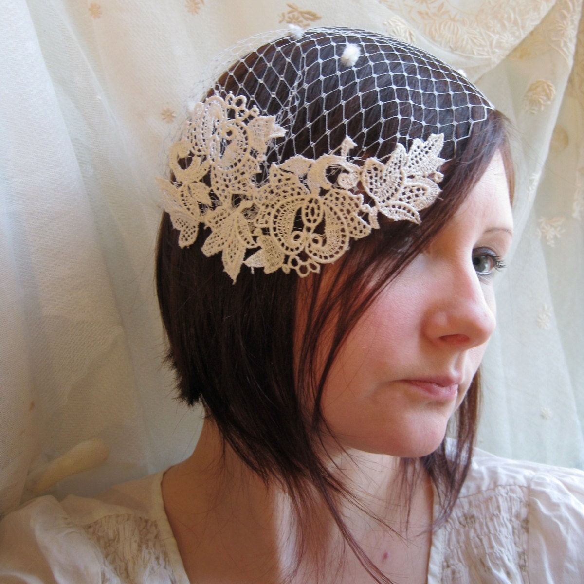 custom birdcage veil - lace cap -bridal cap - dotted - bridal veil - off white - antique lace -  lace edged - lace veil -1950s