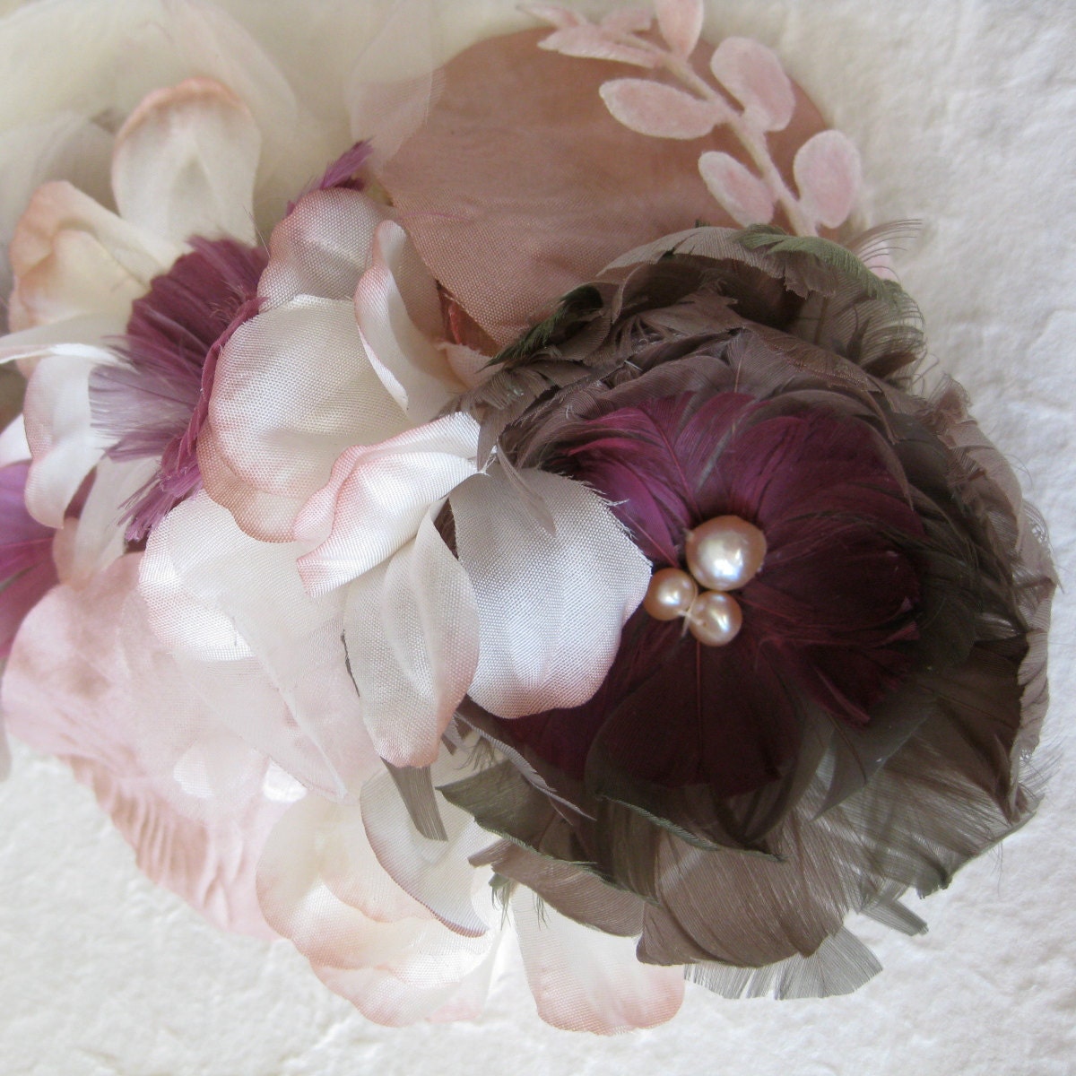 dramatic feather flowers- custom clip - silk rose fascinator -wedding headpiece - mauve - olive - spring - pearls