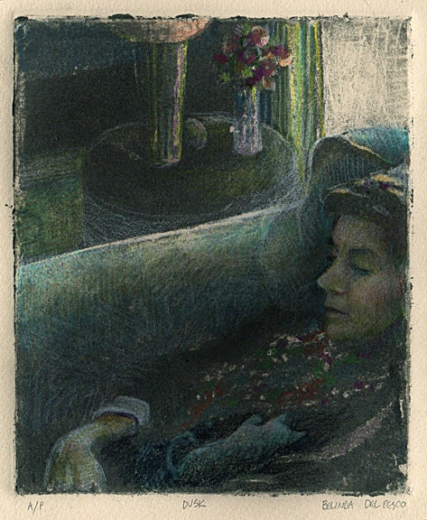 Original Framed Art Silk Aquatint with Colored Pencil Printmaking Young Woman Interior Portrait