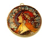 Photo Locket, Image Locket, Art Locket, Picture Locket, Brass Locket - ALFONSE MUCHA Goddess - Zodiac - Art Locket