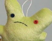small hangable bunny, frowny, apple green velour, cubicle ornament or whatnot, sale