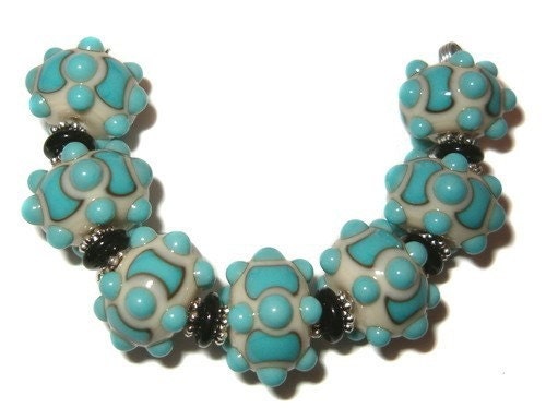 Lampwork beads -Turquoise and Ivory 2 - handmade lampwork bead set by K. Urato SRA