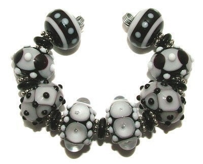 Lampwork Beads - Black and White - handmade glass bead set by K. Urato SRA