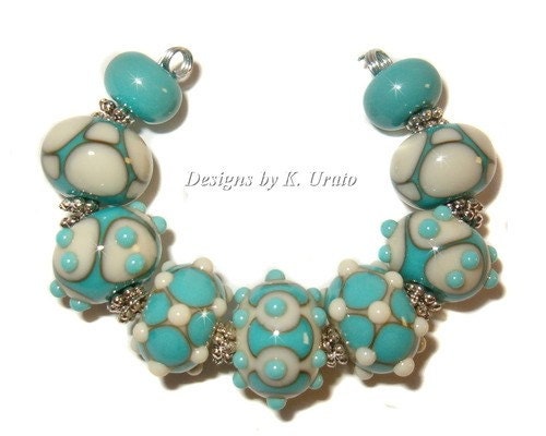 Lampwork Beads - Turquoise and Ivory 3 - handmade glass bead set by K. Urato, SRA