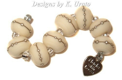 Sale Price - Etched Ivory w/ Silver - handmade glass lampwork bead set by K. Urato SRA