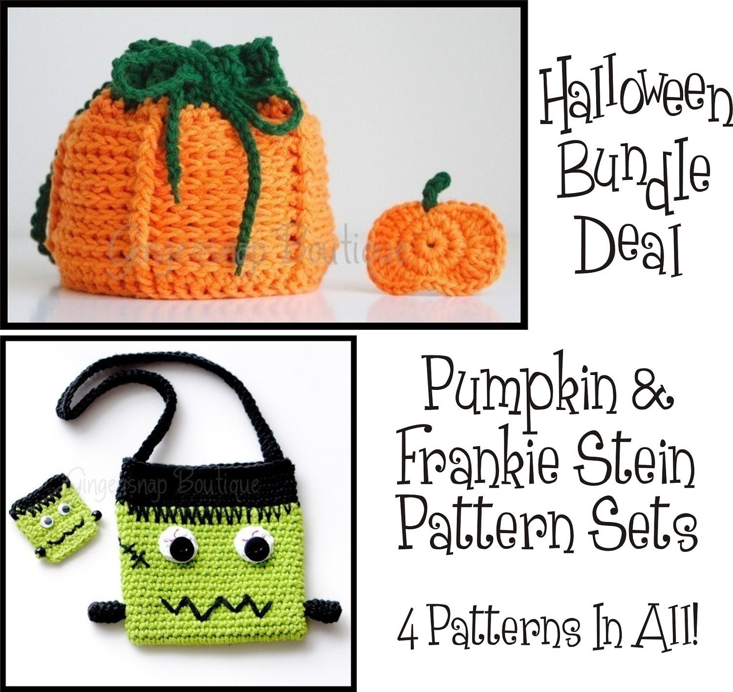 PDF BUNDLE Crochet Patterns Pumpkin and Frankie Stein Purse and Hair Clips
