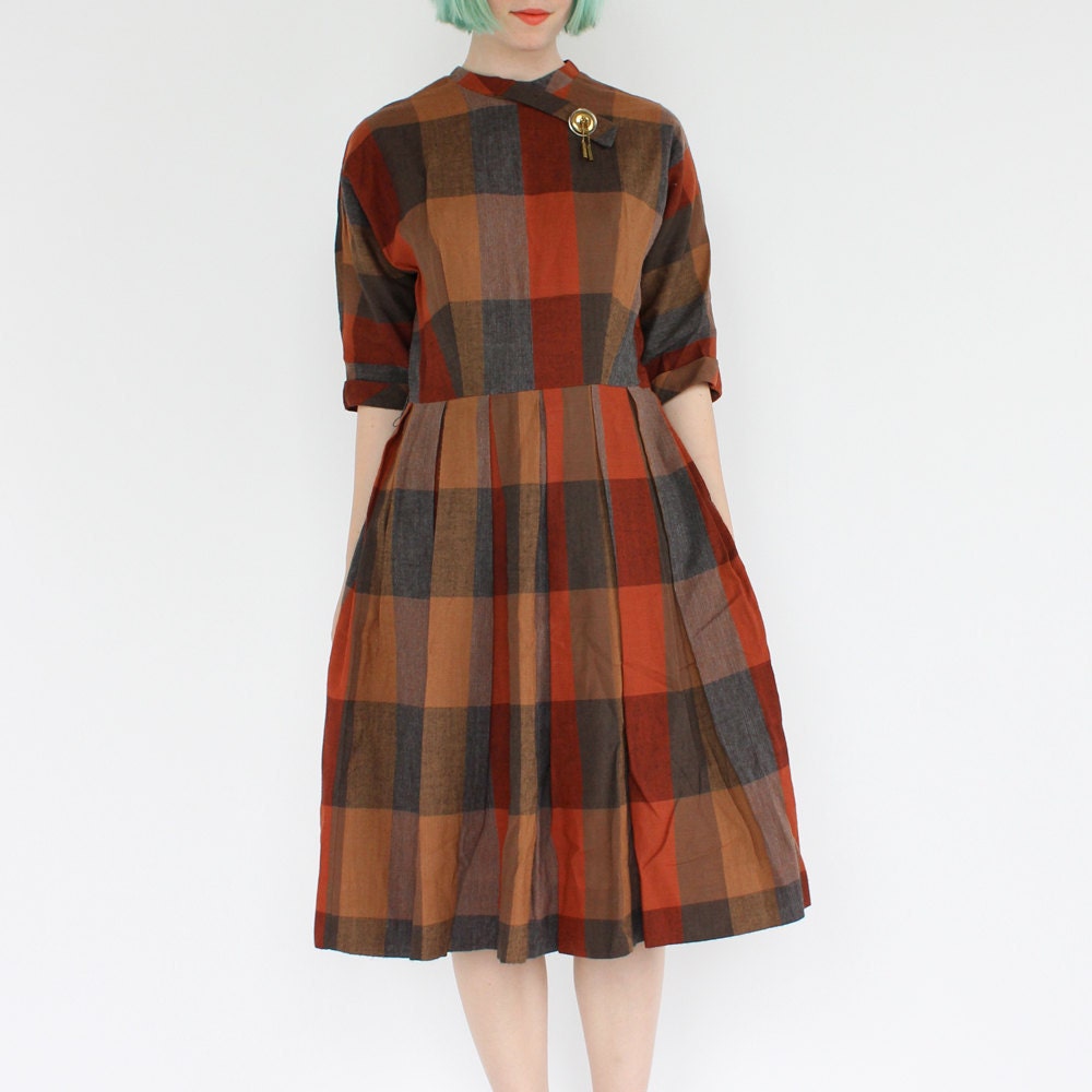 vintage 1950's juniors HARVEST PLAID brass chain wool dress