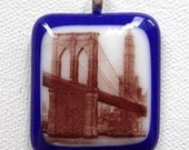 Cobalt blue Brooklyn Bridge fused glass pendant