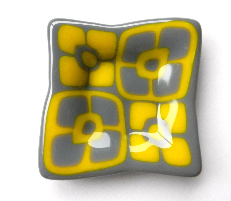 Grey and Yellow mini fused glass flower plate