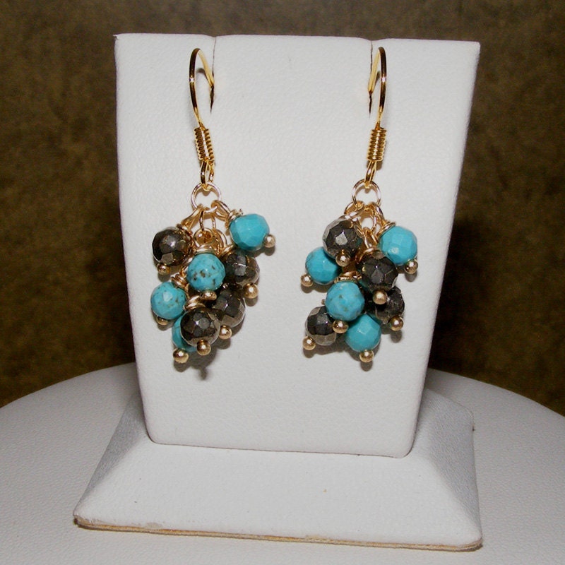 Dangle Earrings - Cluster Pyrite and Turquoise Howlite