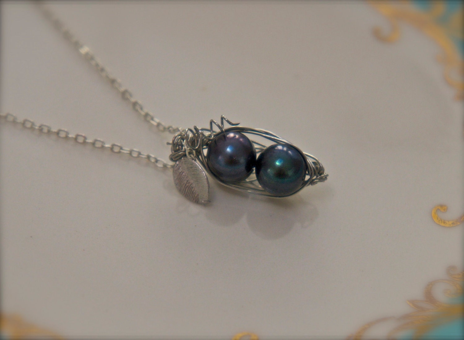 2 Peas in Peacock Pearls Pea Pod Necklace