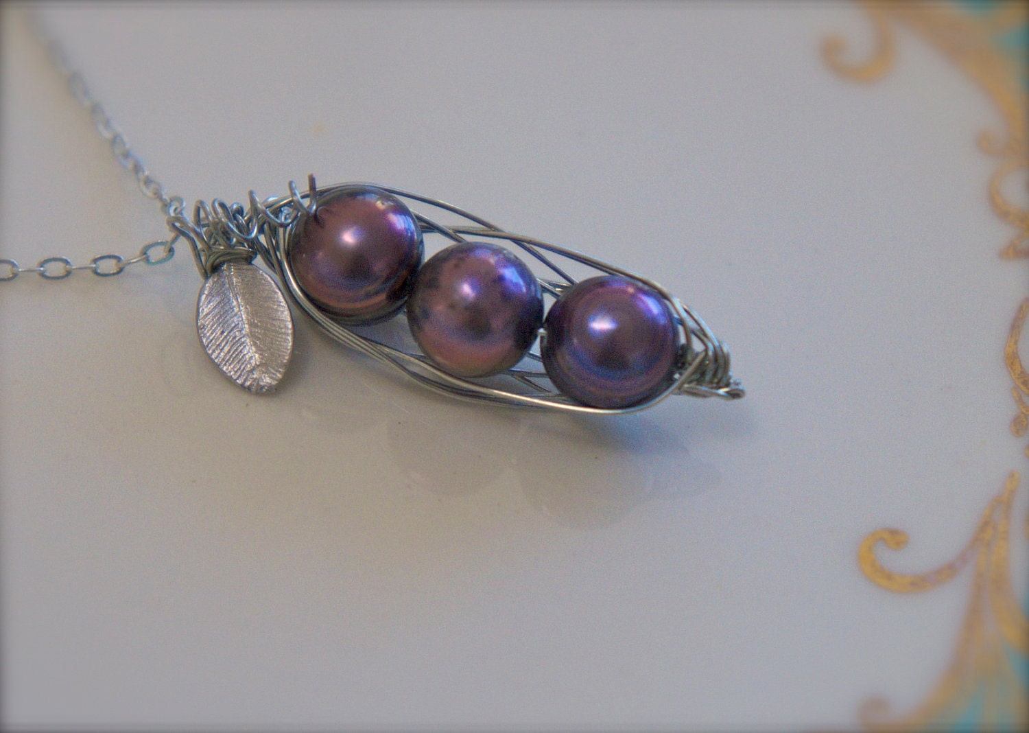 3 Peas in Purple Wine Pearls Pea Pod Necklace