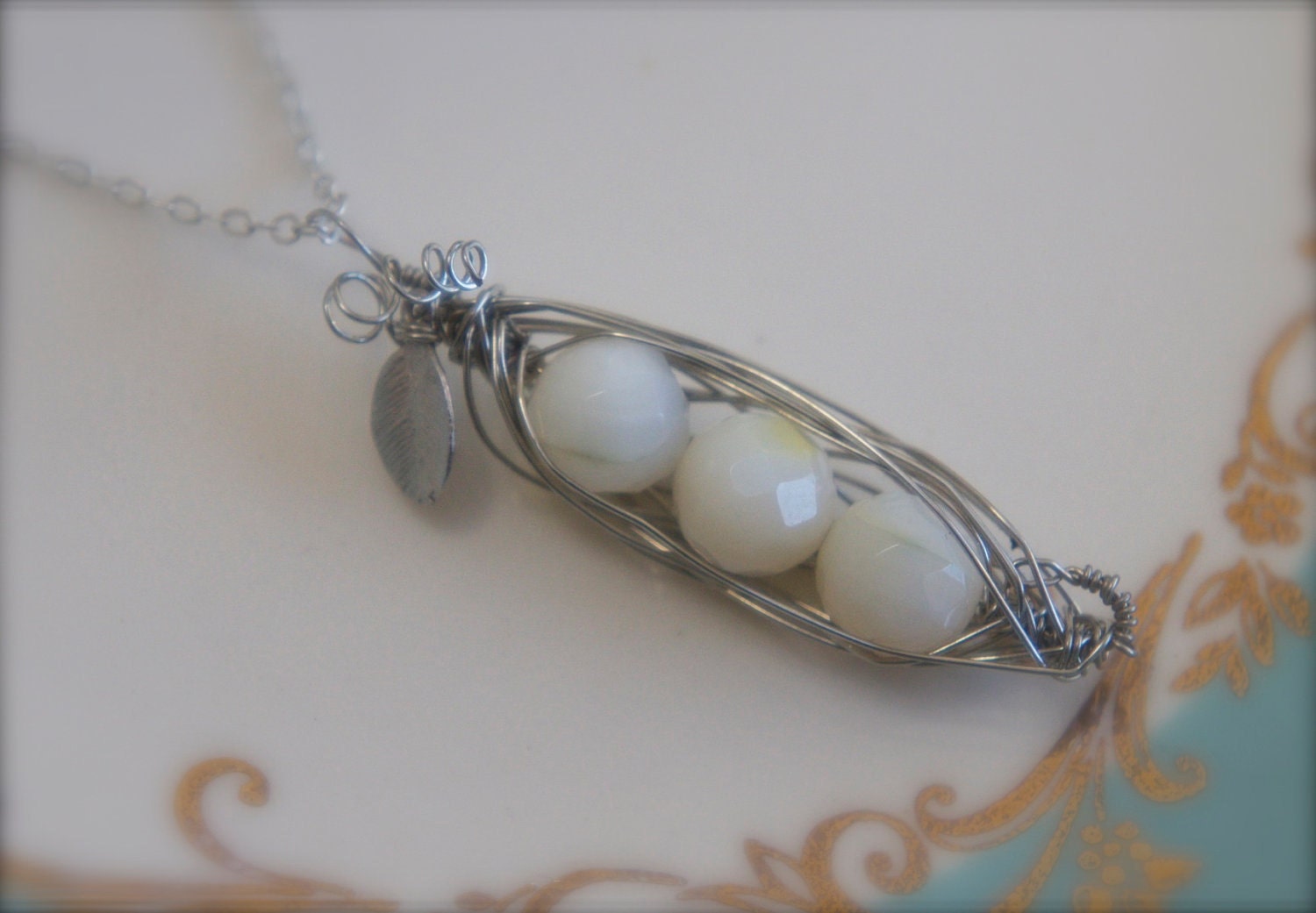 3 Peas in Mother of Pearl Pea Pod Necklace