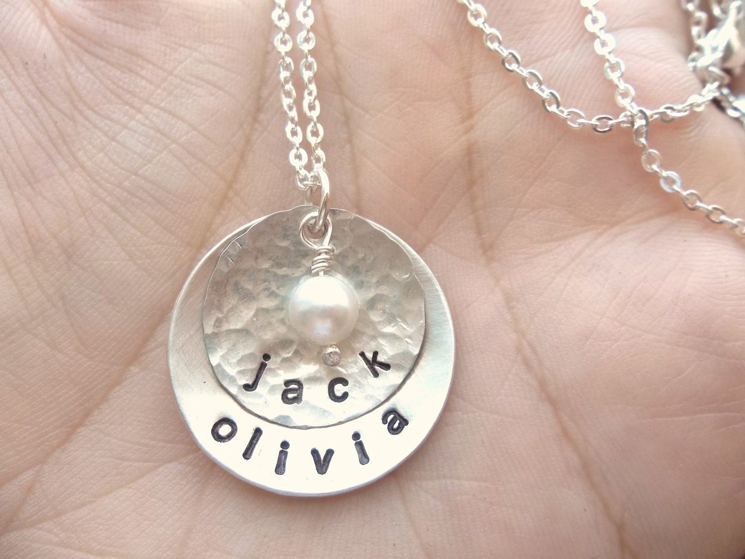 Personalized Hand Stamped Sterling Silver Necklace with vintage pearl or swarovski crystal