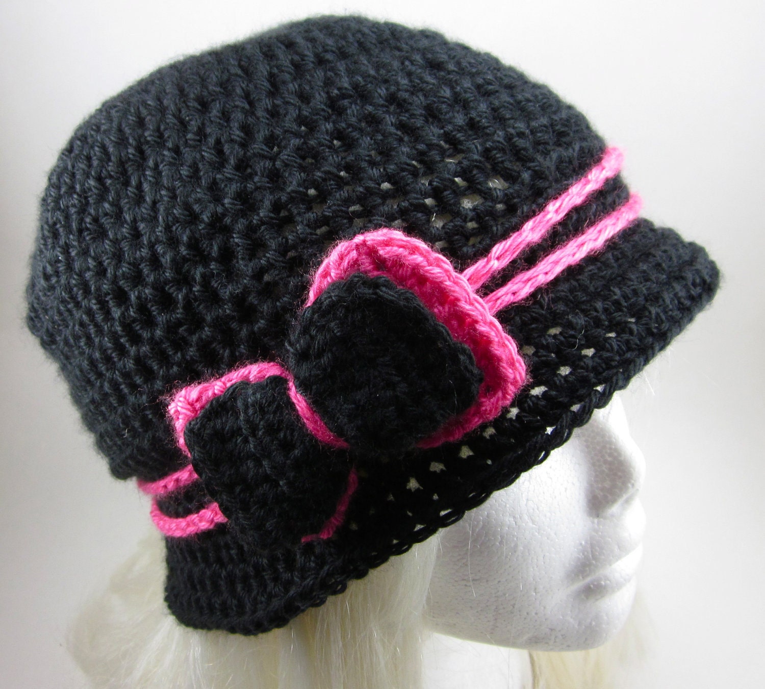 The Love Hat - Black and Hot Pink Crocheted Cloche with bow clip MADE TO ORDER