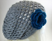 Lacy Slouchy Crochet Hat with Large Flower Clip - Women Crochet Hat Grey