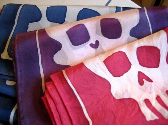 silk scarf  with hand painted skulls - oblong -  you pick the color