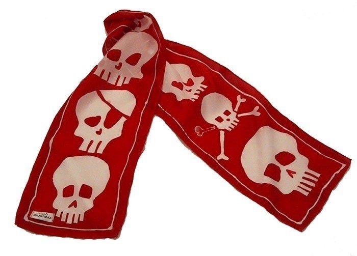 silk scarf  with hand painted skulls - oblong -  you pick the color