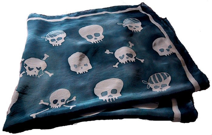 hand painted silk skull scarf - large square - navy blue