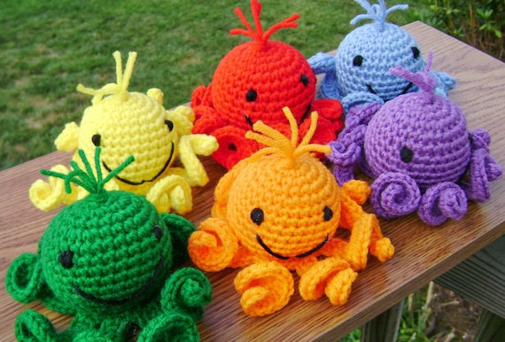 A Rainbow of Octopi - solid colored crocheted amigurumi