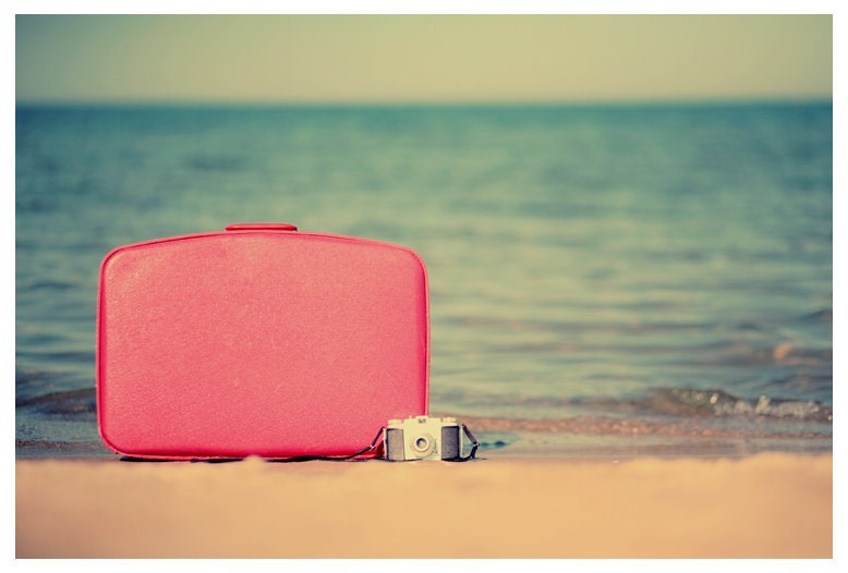 Fine Art Photograph- Beach Photography - Nature Photography - The Traveler - Suitcase - Vintage Camera