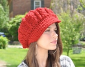 Red Crocheted Hat - Cranberry Red Hat- Crocheted Newsboy Hat