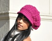 Magenta Crocheted Newsboy Cap - Crocheted Hat with Brim for Adult