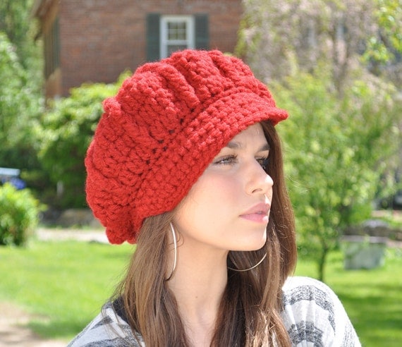 Red Crocheted Hat - Cranberry Red Hat- Crocheted Newsboy Hat