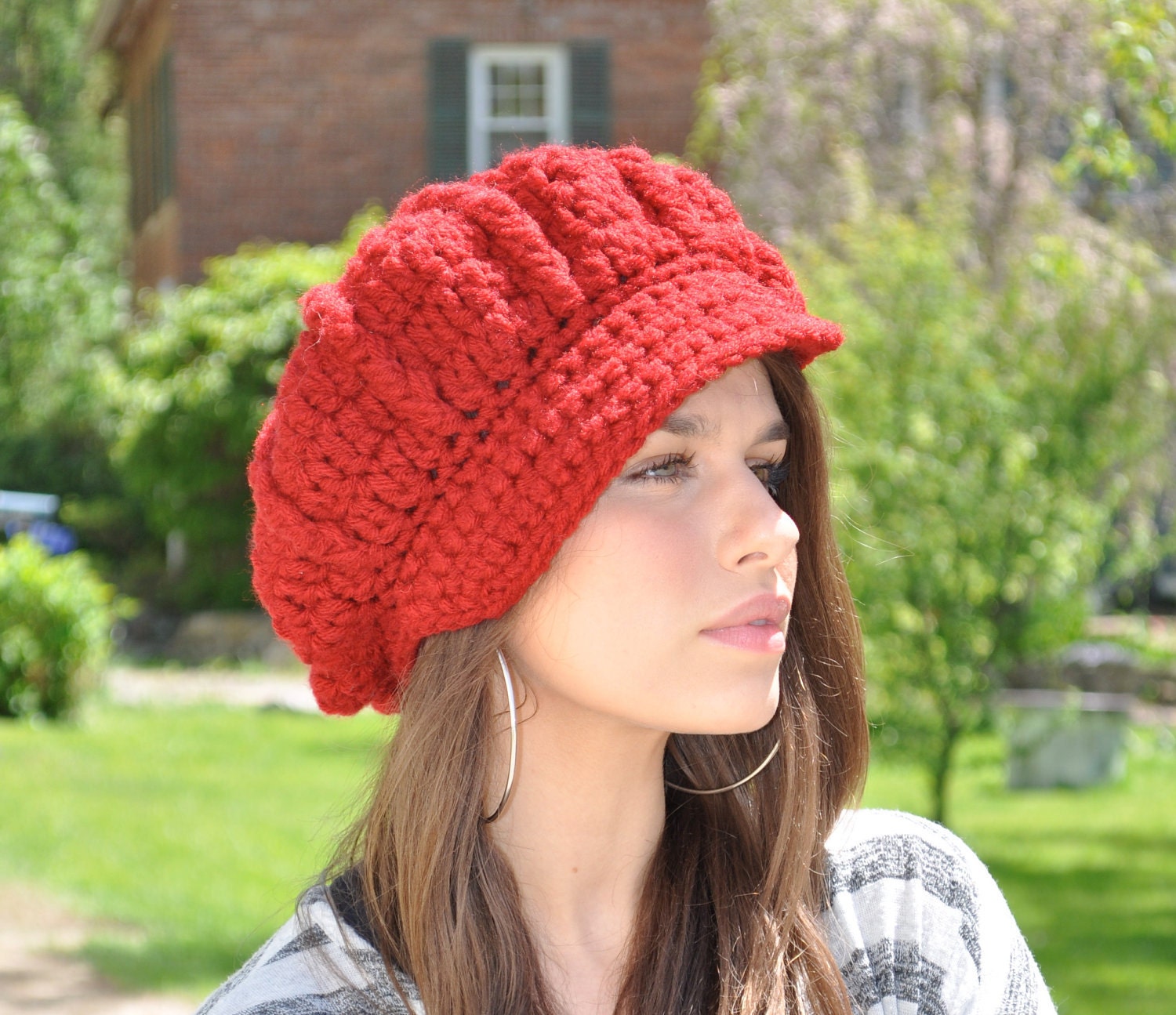 Red Crocheted Hat - Cranberry Red Hat- Crocheted Newsboy Hat