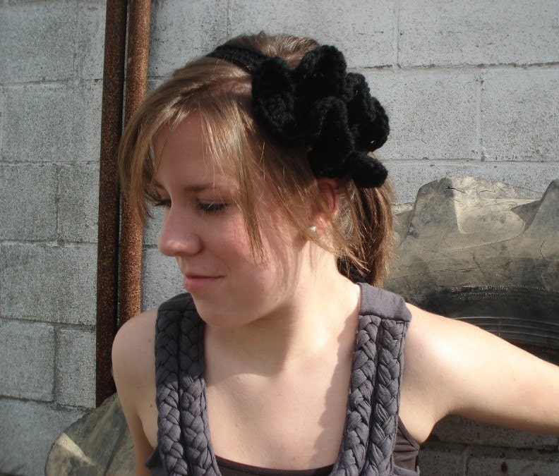 Couture Crochet Black Ruffle Headband, Hair Band, Head Scarf