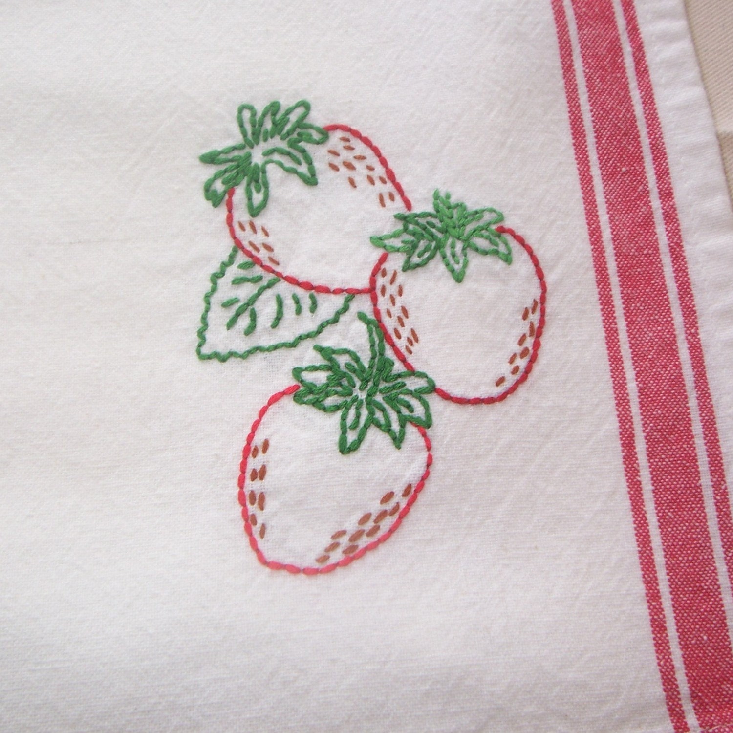 Hand Embroidered Retro Kitchen Towel with Red Stripes -- STRAWBERRIES Embroidery - Made to Order