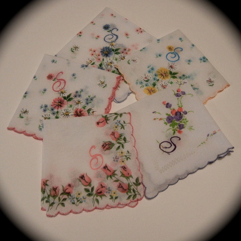 Wedding Handkerchiefs -- Bridesmaids Initial -- Set of Five Hand Embroidered Hankies -- Floral Vintage Style