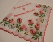 Embroidered Wedding Handkerchief -- I Love You Mom -- Vintage Floral Style Hankie with Hand Embroidery