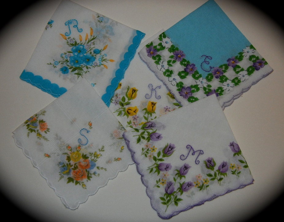 Hand Embroidered Handkerchiefs - Set of FIVE Thin Script Initials -- Initial Letter Embroidery Handkerchief
