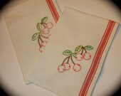 Set of Two Hand Embroidered Retro Kitchen Towel with Red Stripes -- CHERRIES