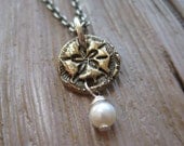 Bronze Sand Dollar Pendant With Freshwater Pearl On Antiqued Sterling Silver Chain