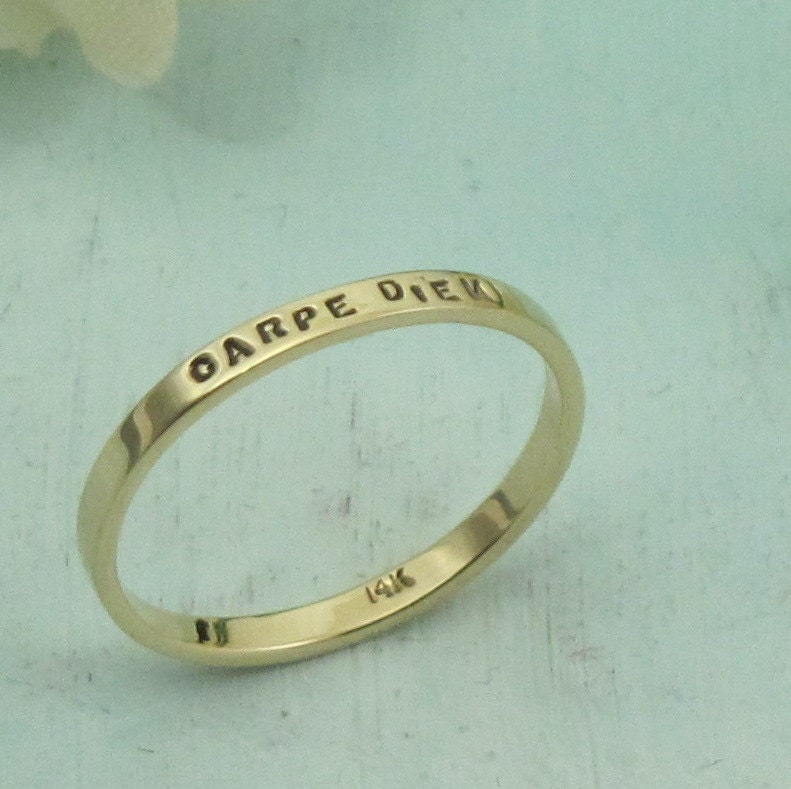 Stacking Gold Posey Ring - custom made stamped inscription in 14K gold by Kathryn Riechert (tiny text)