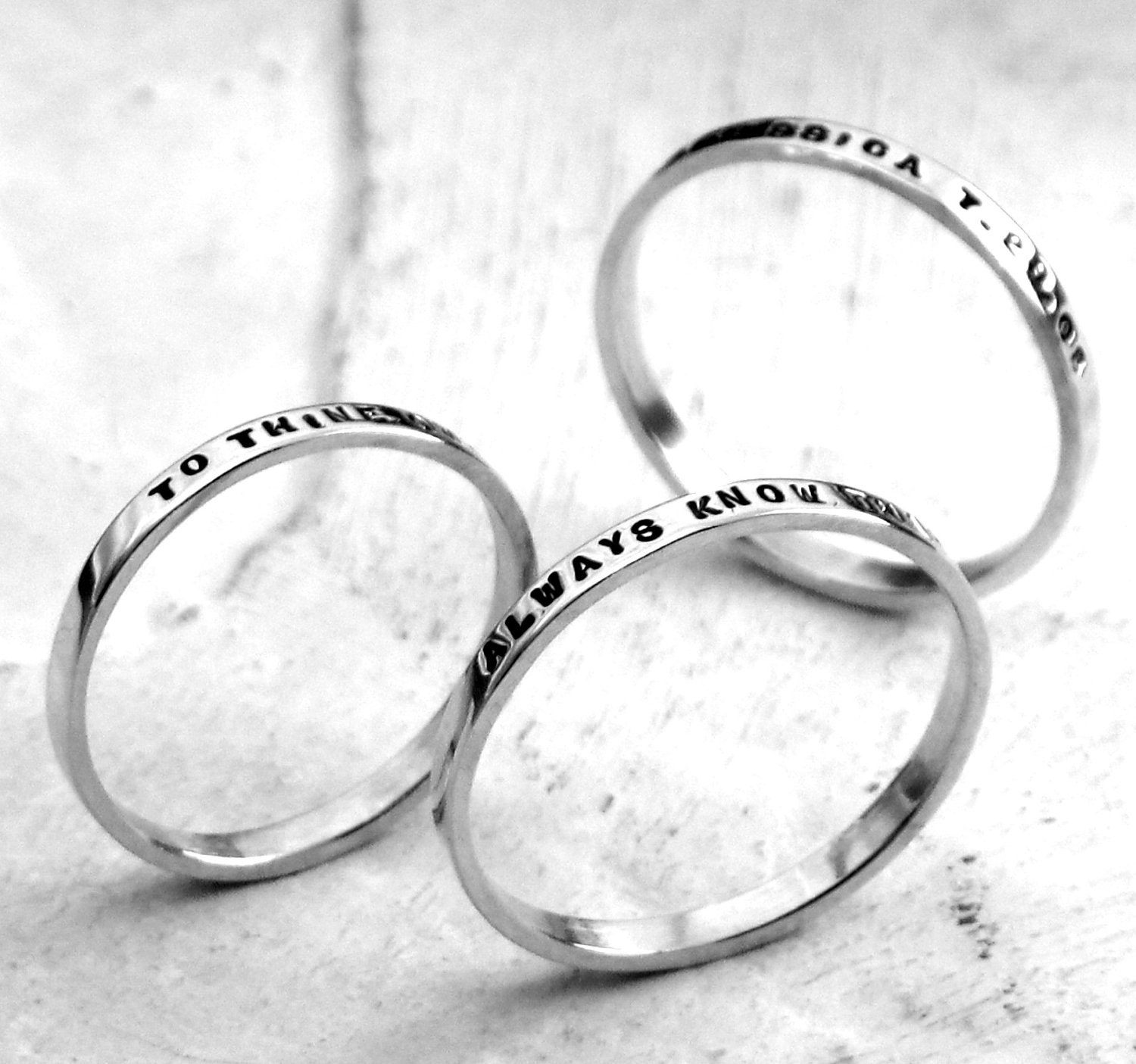 Thin Stacking Posey Ring - custom made ring with your choice of inscription in sterling silver by Kathryn Riechert (Tiny Text)