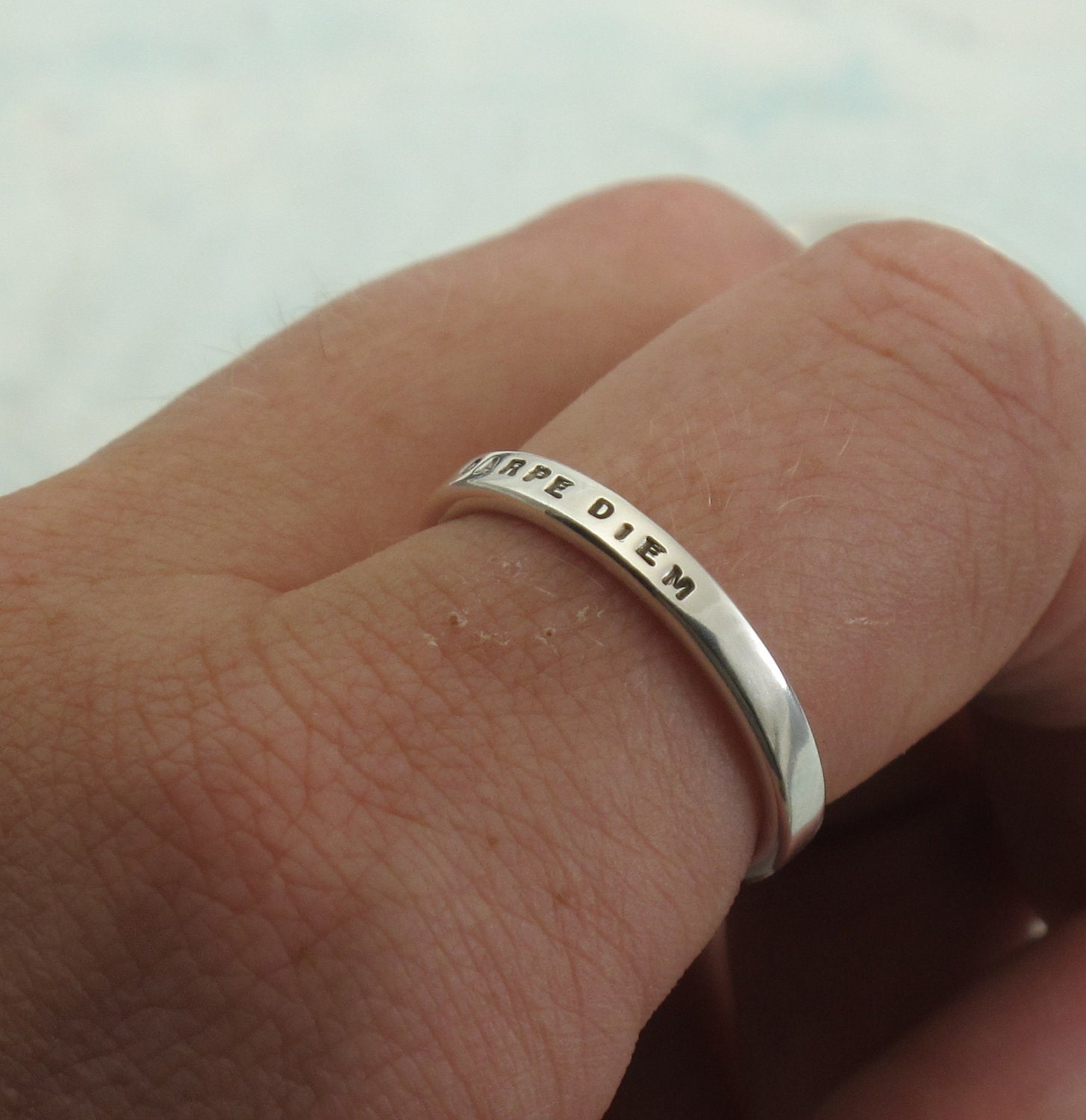 Custom Stamped Ring - aka Smooth Like Butter Posey Rings - personalized in sterling silver by Kathryn Riechert (Tiny Text)