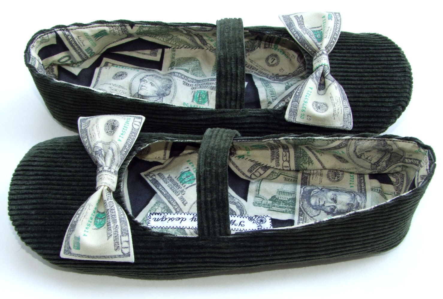 Diamonds on the Soles Of Her Shoes slippers in green corduroy and money print size US 9 to 9.5, UK 7.5, Euro 40