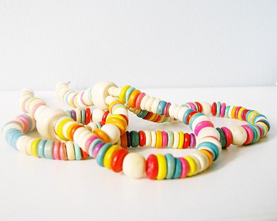 Vintage rainbow candy wood beaded multiple strand necklace - fun and happy and perfect for summer - bright blue pink red yellow wooden beads