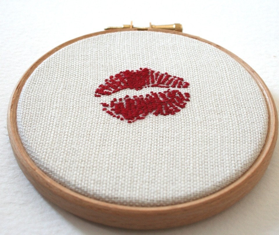 Bright Red Lipstick Traces Hand Embroidered Wall Plaque Hoop Art