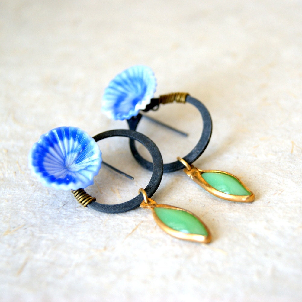 Retaining Ring Earrings, vintage periwinkle and white swirl glass flowers, vintage green leaves, hardware, eco fashion, Industrial Flora