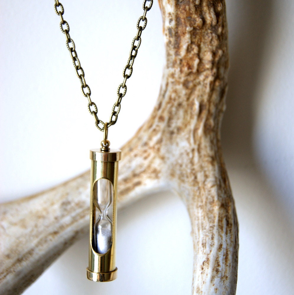 Hourglass Necklace - brass sand timer, antiqued brass chain, nautical fashion