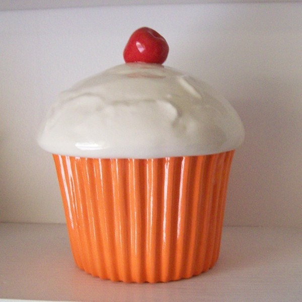 Ceramic Orange Cupcake Cookie Jar Container W/ Cherry On top 